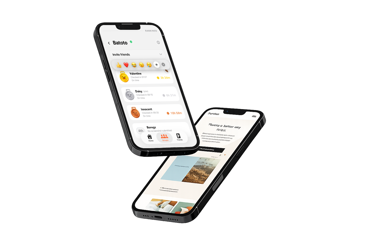 ScrollChamps app screens showing group rankings, a submission checkmark, and medals.